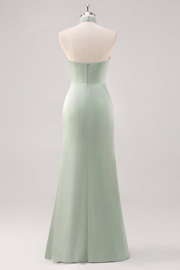 Robe de demoiselle d’honneur dos nu vert sauge avec fente